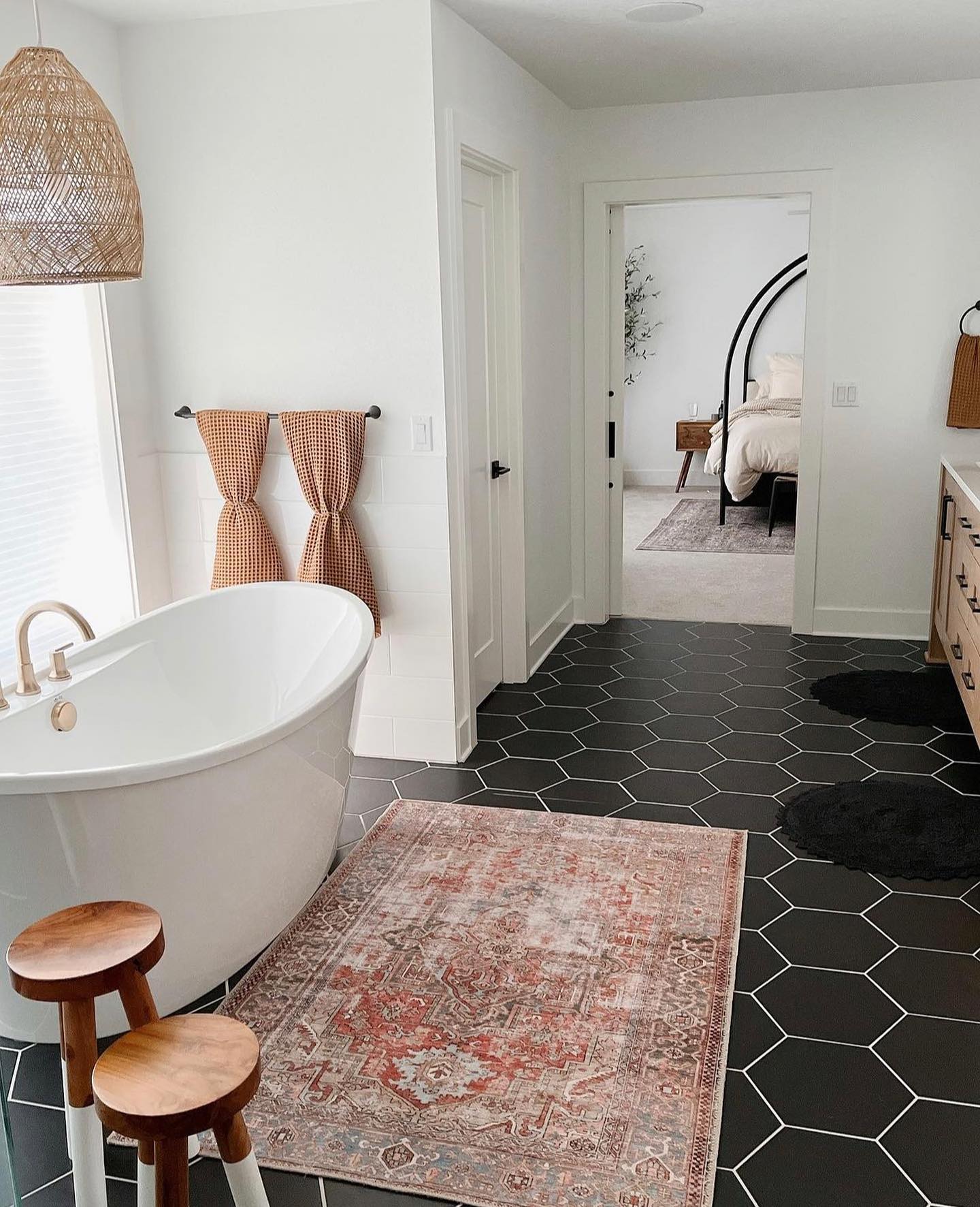 Monday Inspo via @firwood.farmhouse featuring our Rhythm series. 🖤 If you are looking for the perfect hexagon shaped tile, our Rhythm and Heksa collections are two of our favorites #emsertile