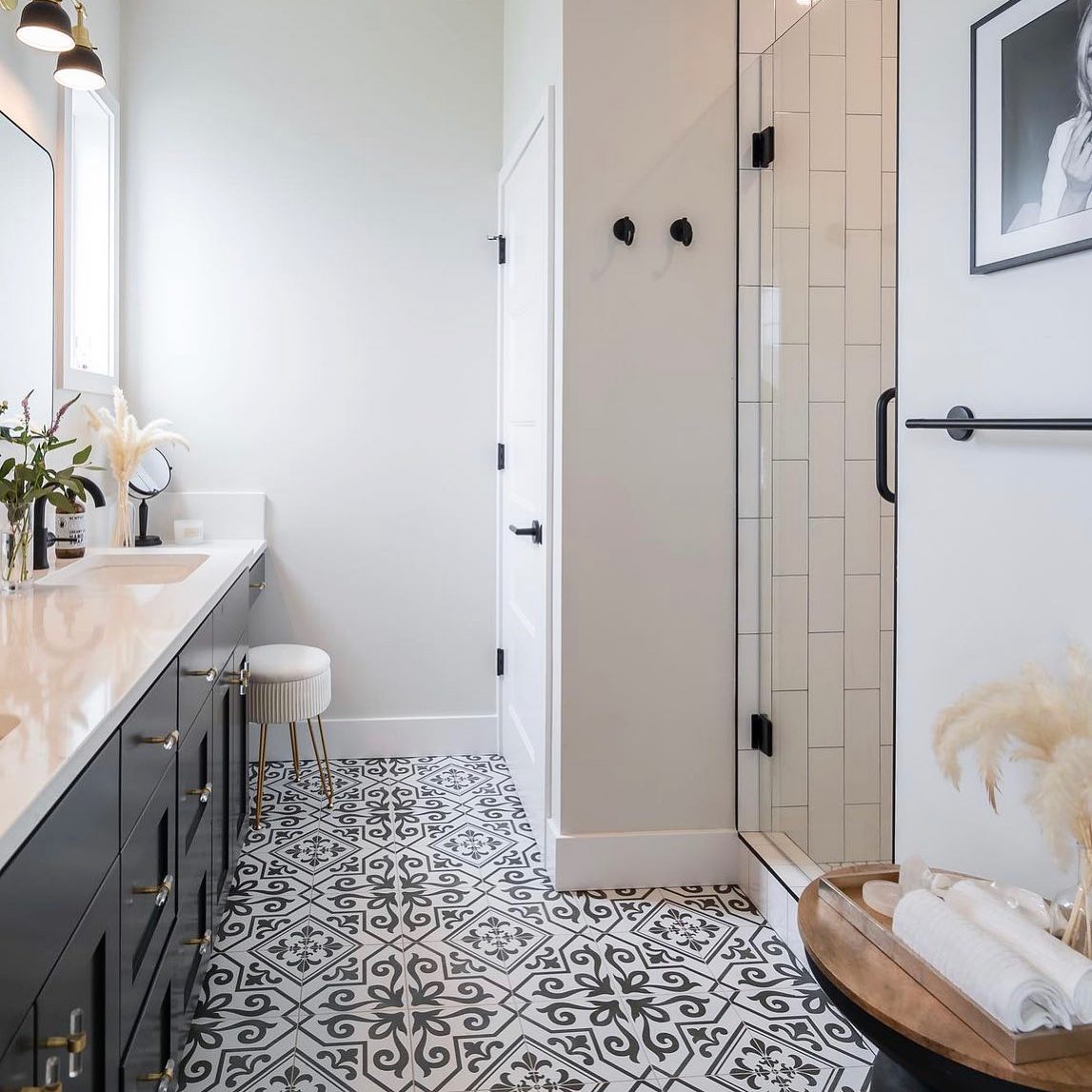 Patterned tile + a bold cabinet color makes for a dream statement space. We love these selections from @zehrinteriors ft. our Nostalgia tile in the color “epic”#emsertile