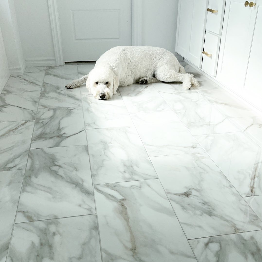 @style_me_neutral’s new beautiful Swiss II glazed porcelain tile floors look amazing in her master bath! Love how she added some warmth AKA her cute pup as decor 🥰😉 #emsertile